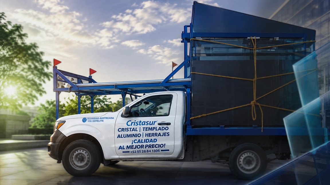 Camioneta de reparto Cristasur cargada con vidrio